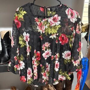Vici Black Floral Blouse with Pink and Green Accents